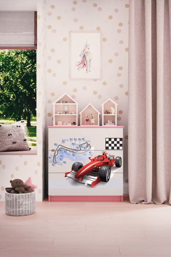 Cassettiera per bambini Formula 1 nel colore rosa Babydreams