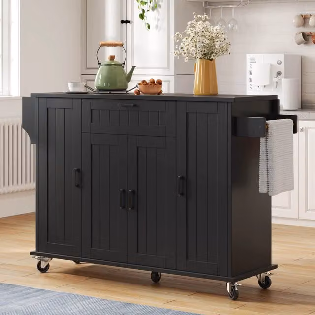 Isola da cucina pieghevole REDOM in MDF nera con 4 ante, 1 cassetto e piano estensibile, L/P/H: 120 x 45 x 95 cm – 1