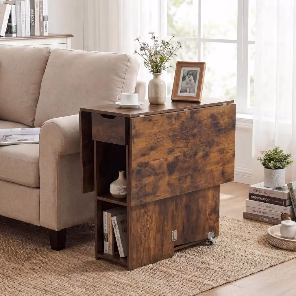 Tavolo da pranzo pieghevole Design Mania con ripiani e cassetti, colore marrone, stile rustico con ruote per piccoli spazi – 2