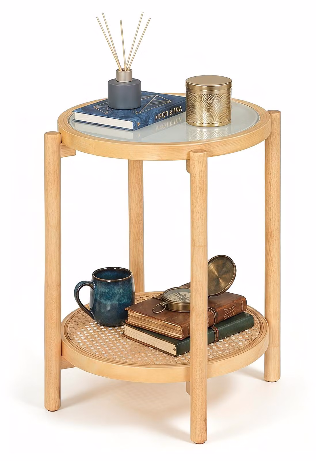 KOMFOTTEU Tavolino rotondo in legno, tavolino da divano a 2 piani in stile boho