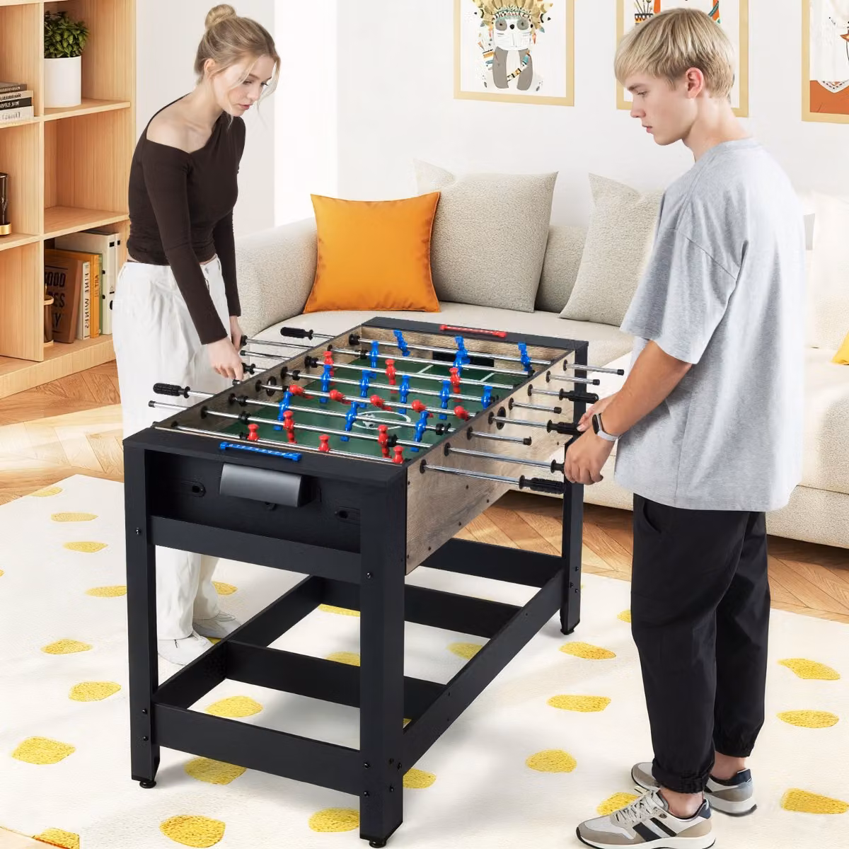 Tavolo multi-gioco 2-in-1 Costway con biliardo e foosball nero con gambe in metallo per interni