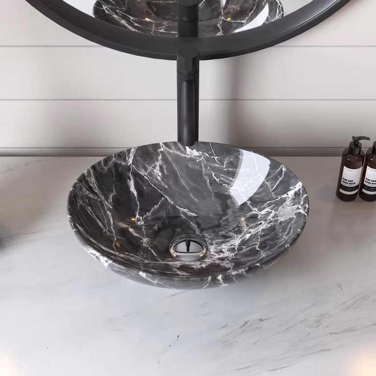 Lavabo a incasso ovale - Modello DV-1V0089 - Vetroceramica - Capacità: 9 litri - Senza foro per rubinetto - Autoportante - Dimensioni: 40 x 33 x 14,5 cm - Aspetto marmo bianco e nero