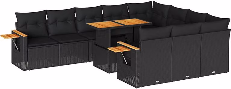 Set Divani da Giardino 11 pz con Cuscini Polyrattan Acacia Nero