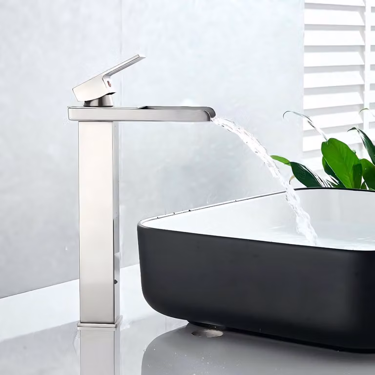Rubinetto per lavabo, acciaio inossidabile, ottone, miscelatore a cascata, acqua calda/fredda