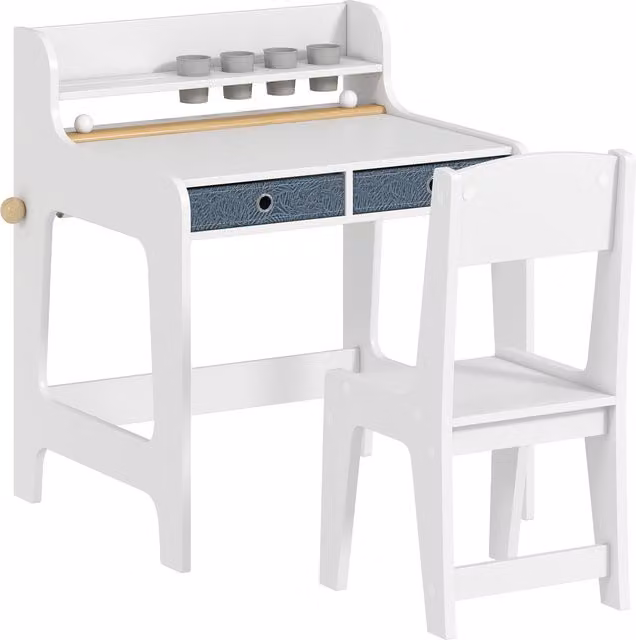 Set Scrivania e Sedia per Bambini AIYAPLAY in Legno Bianco con Ripiano, Portabicchieri e Cassetti per Cameretta
