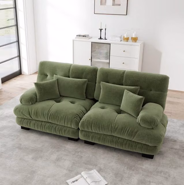 Divano modulare 220x77x81 cm in ciniglia verde con seduta profonda