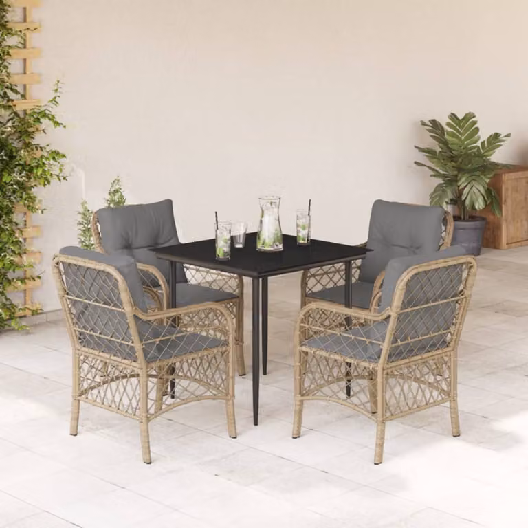 Set Pranzo da Giardino vidaXL in Polyrattan con Cuscini Beige Misto e Tavolo in Vetro per 5 Persone