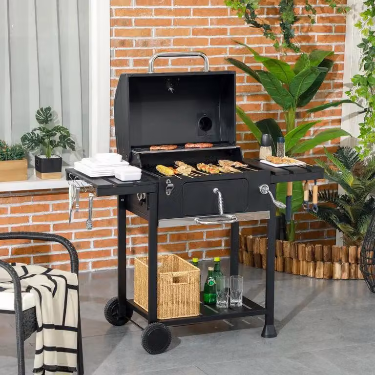 Barbecue a carbone con vaschetta per il carbone regolabile | Colore: nero | Dimensioni: 64x120x114 cm