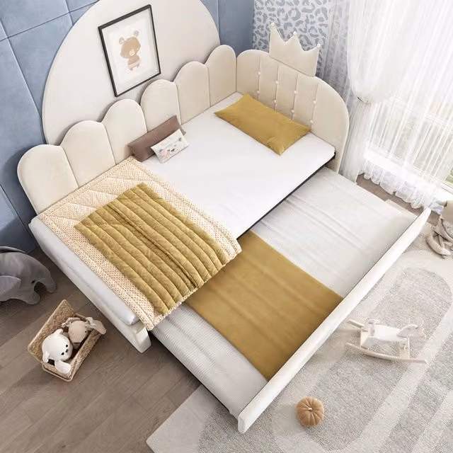 Divano letto estraibile - Zephmum- 90x200 cm- L-Form- Velluto- Beige- Design corona e griglia