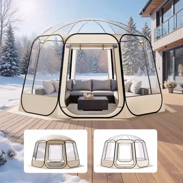 Tenda a Cupola Pop-Up Panoramica 366 x 345 x 220 cm Impermeabile Oxford e TPU Trasparente Beige per Giardino Patio Campeggio 121087