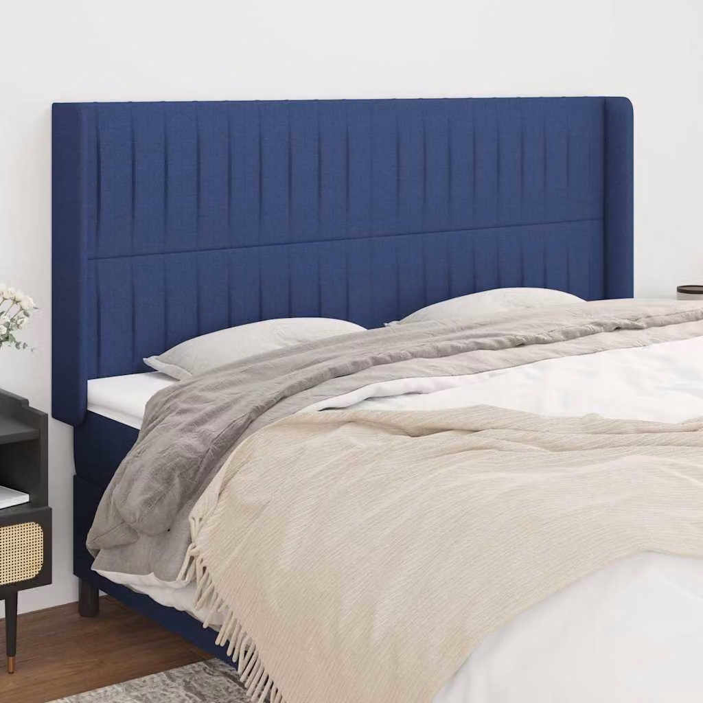 Testiera ad orecchio vidaXL in tessuto blu con struttura in legno e pannello imbottito L: 203 cm, P: 16 cm, H: 118/128 cm