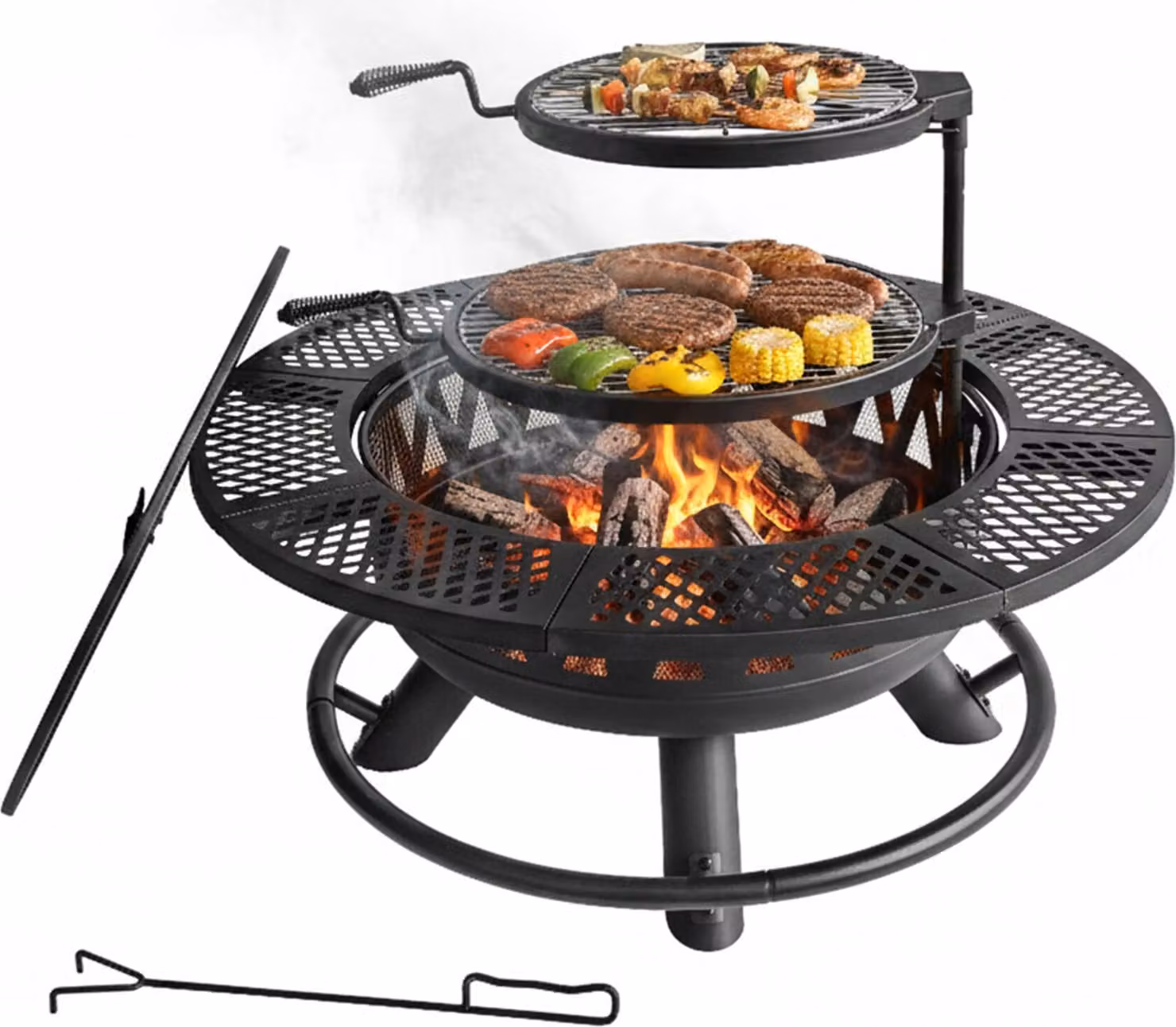 Braciere Relaxdays, Ø 92 cm, 2 griglie regolabili, coperchio, attizzatoio e copertura, braciere da giardino, nero