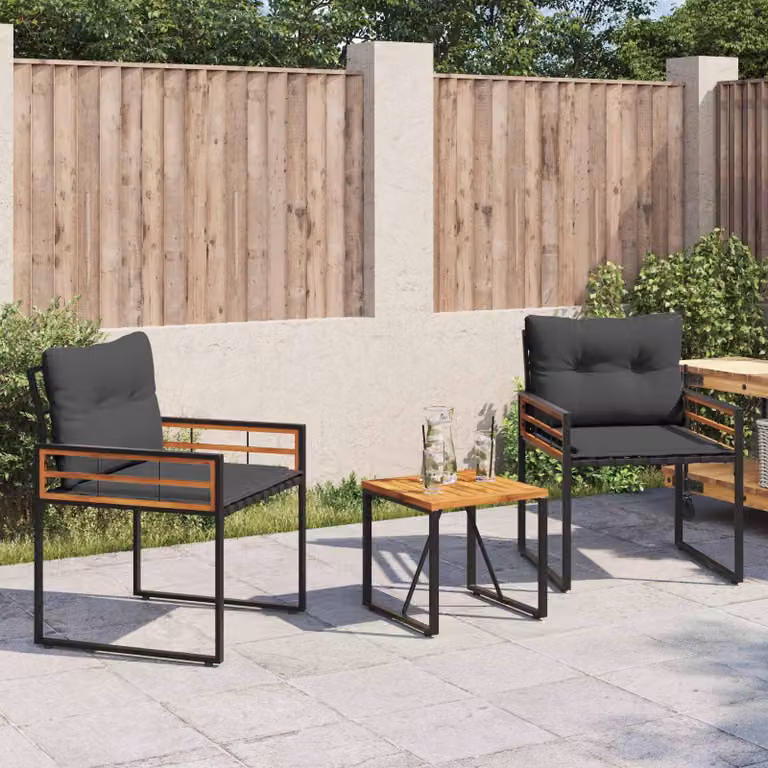 Set di mobili da esterno moderno vidaXL in legno di acacia e metallo, 3 pezzi, Grigio e Nero