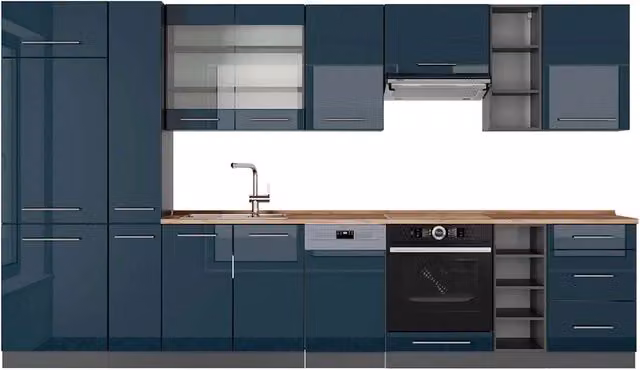 Cucina componibile moderna Fame-Line Vicco Blu scuro lucido e Antracite con dettagli Rovere, L: 355 cm