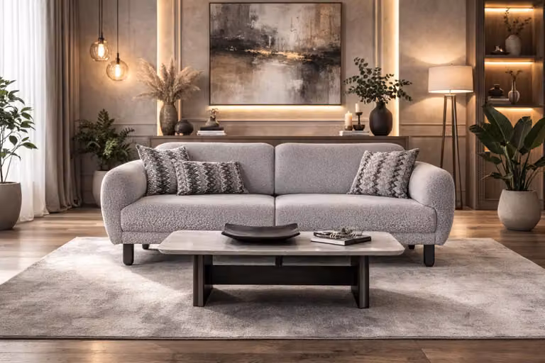Divano imbottito grigio tavolino da caffè in legno dal design elegante, set composto da 2 elementi