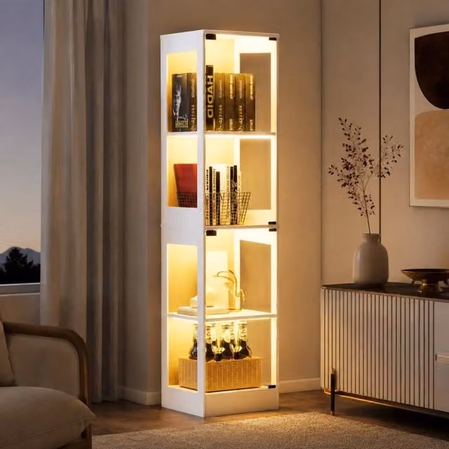 Vetrina moderna MIVRAY in MDF bianco con ante in vetro, illuminazione LED integrata e sensore di movimento, ideale per soggiorno o camera da letto, L: 40 cm, P: 35 cm, H: 165 cm