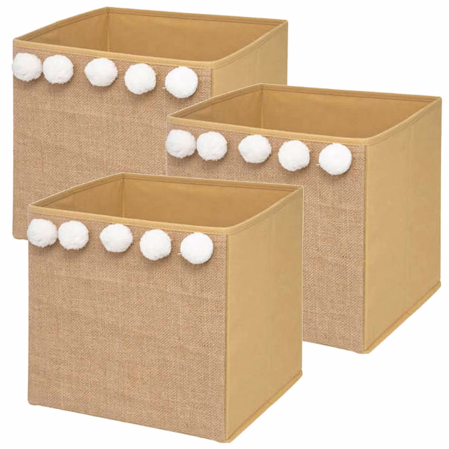 Omgoods - Set di 3 scatole portaoggetti per bambini con pompon in iuta