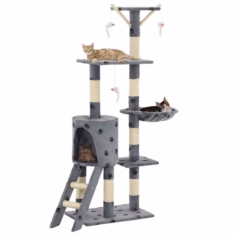 Albero per gatti con tiragraffi in sisal e grotta integrata vidaXL, Grigio con stampa zampe, Altezza: 138 cm