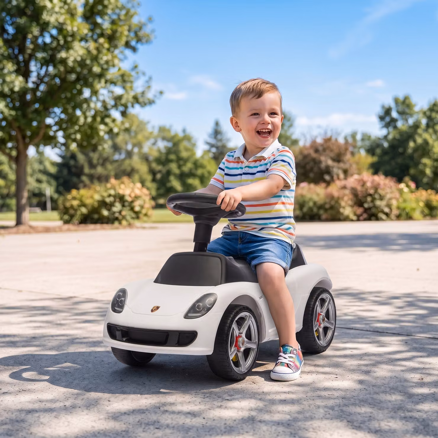 Auto cavalcabile a spinta AIYAPLAY per bambini 18-36 mesi con fari e suoni, modello Porsche, bianco – 2