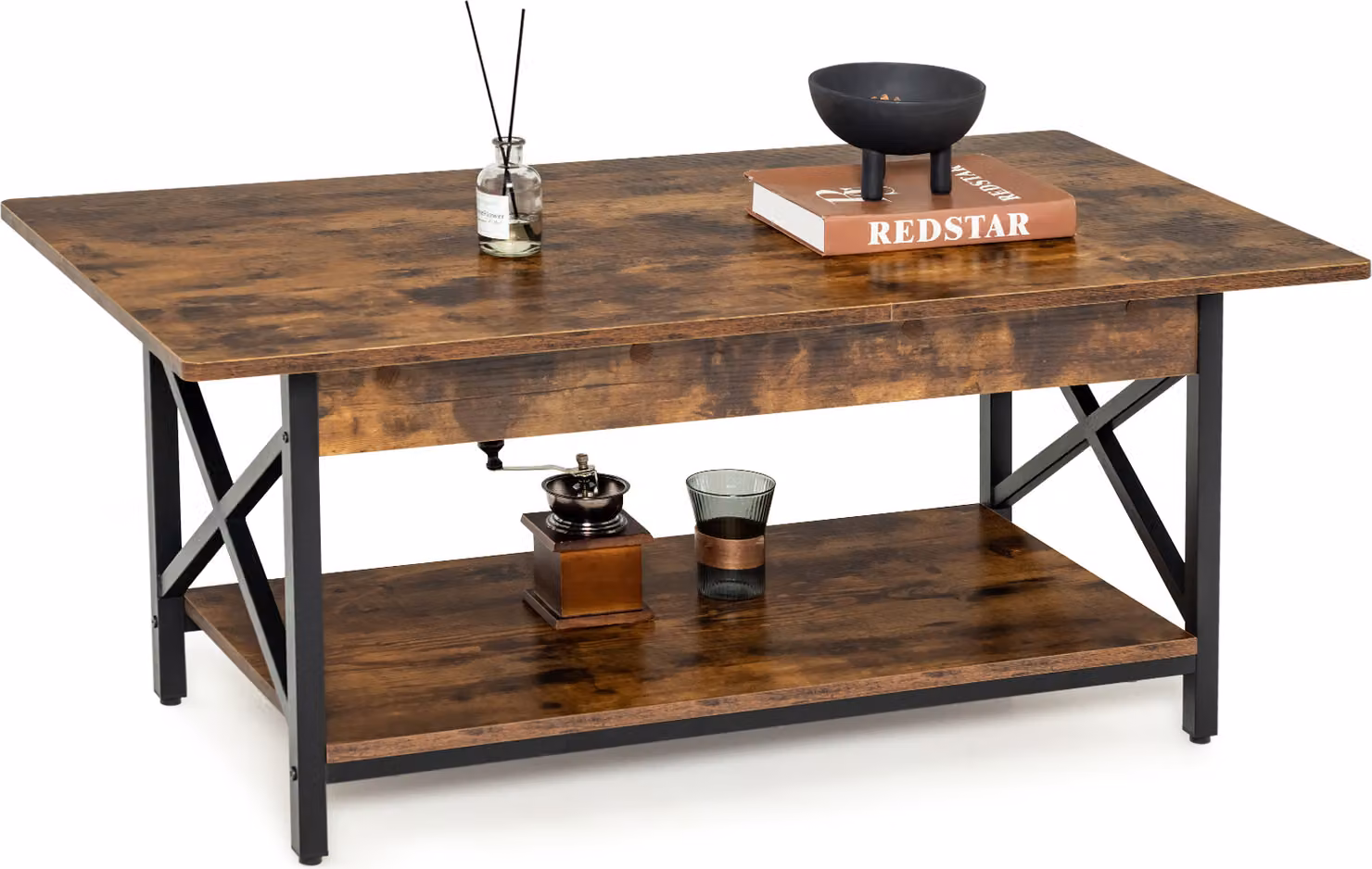 Tavolino da caffè COSTWAY, tavolino con ripiano, tavolino da salotto, tavolino da divano per soggiorno, 110 x 60 x 48 cm (marrone rustico)