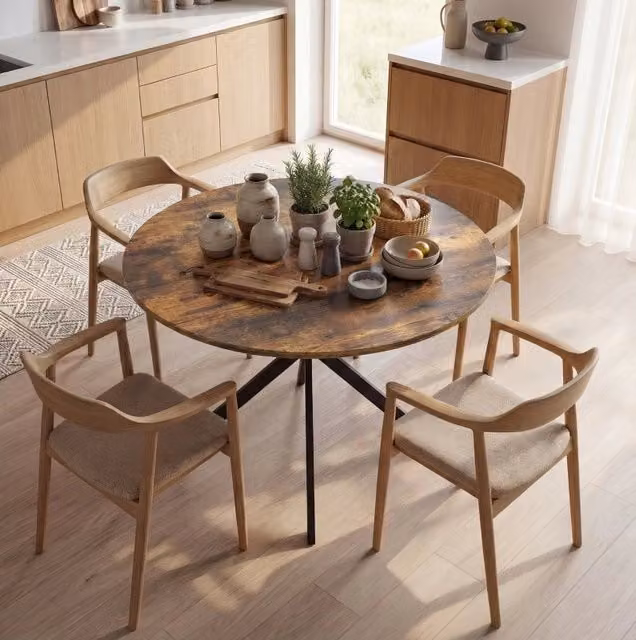 Tavolo da pranzo rotondo ULEVR ? 100 cm per 4 persone, piano marrone rustico e gambe in acciaio nere a X