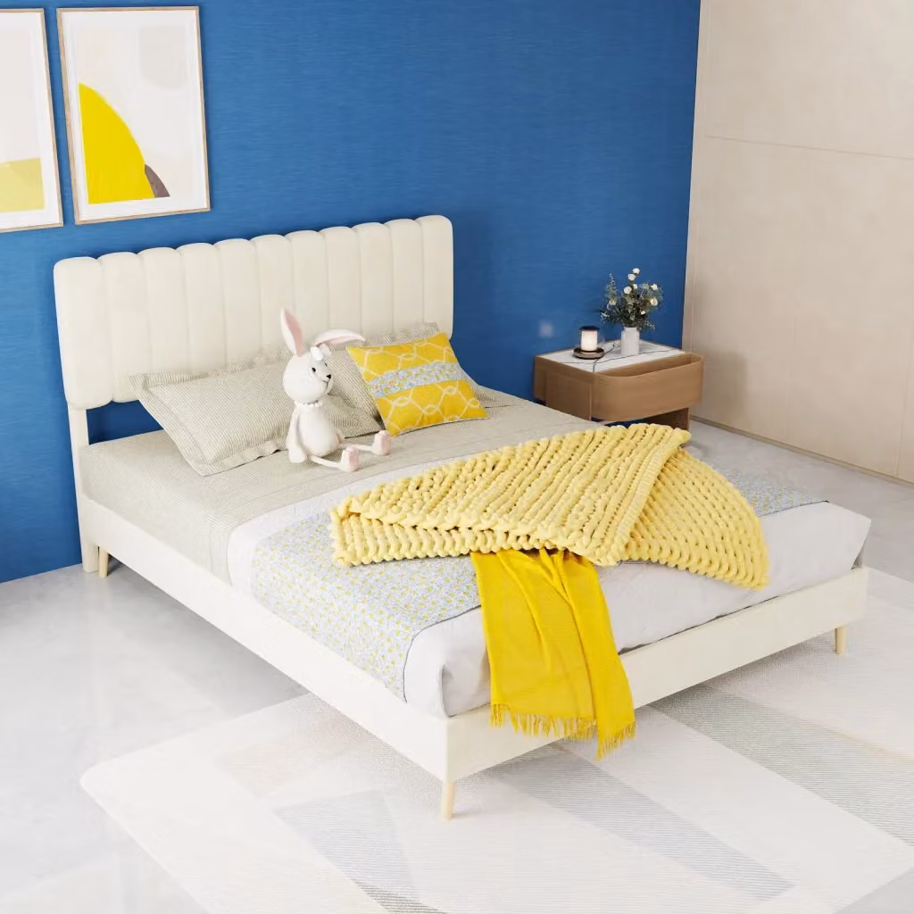 Letto piattaforma Mivray rivestito in velluto beige L 140 x P 200 cm – 2