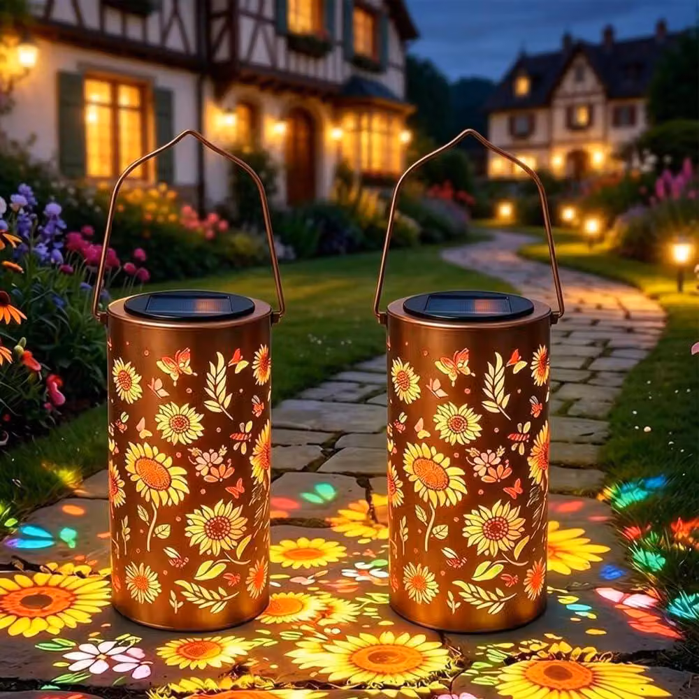 Set di 2 lanterne solari a forma di girasole, colorate, con grado di protezione IP65, resistenti alle intemperie, da appendere