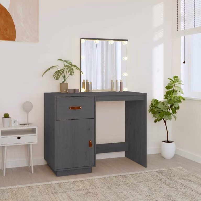 The Living Store Comodino con LED grigio 95x50x133,5 cm in legno di pino massiccio