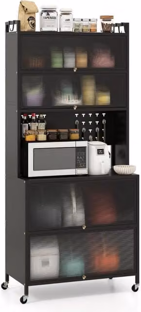 Armadio cucina 6 livelli buffet credenza, Porte ribalta supporto microonde pannello forato ganci Nero-Credenze buffet