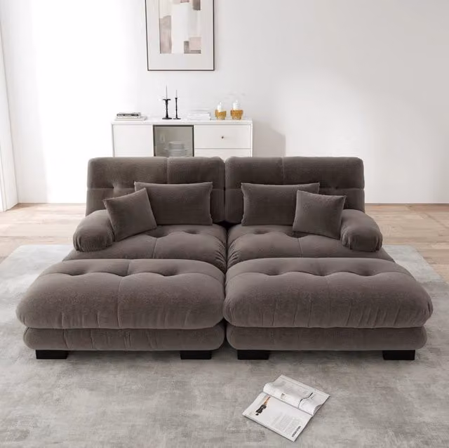 Divano modulare in ciniglia marrone con 2 pouf e cuscini HOMVRA