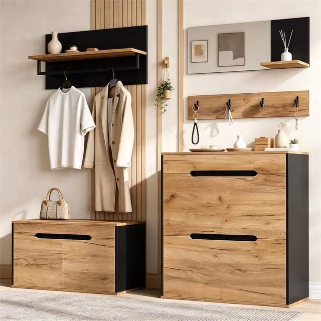 Set di mobili da ingresso modulare con 2 scarpiere ribaltabili specchio e 4 ganci nero e legno 156 × 36 × 176 cm