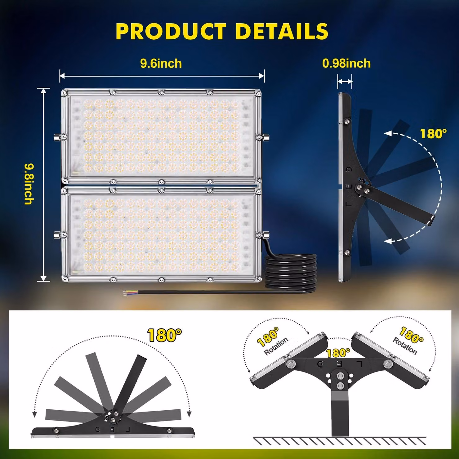 Fari a LED - 200 W - Grado di protezione IP66 (resistente all'acqua) - 3500 K (bianco caldo) - 220–240 V - Illuminazione esterna - Confezione da 5 pezzi