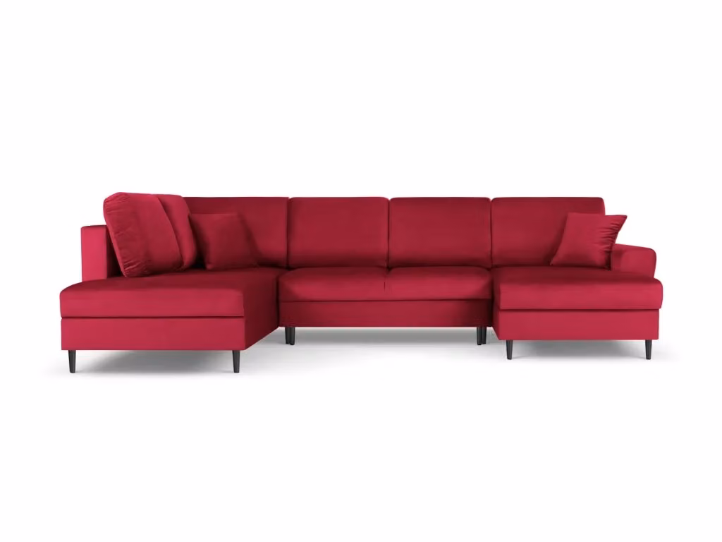 Divano panoramico convertibile Kyoto di Cosmopolitan Design con contenitore, modello a L con lato sinistro, rivestimento in velluto rosso, 7 posti, L/P/H: 313 x 175 x 88 cm – 2