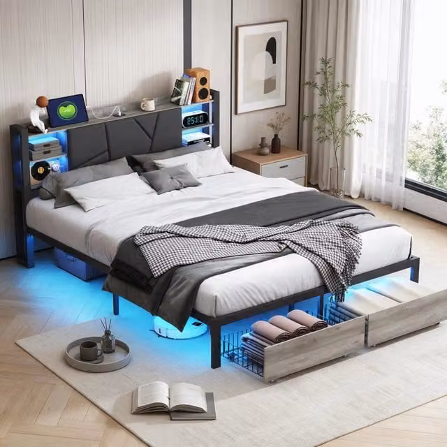 Letto matrimoniale 140x200 cm con contenitore 2 cassetti LED testiera con mensola in metallo e PU - nero