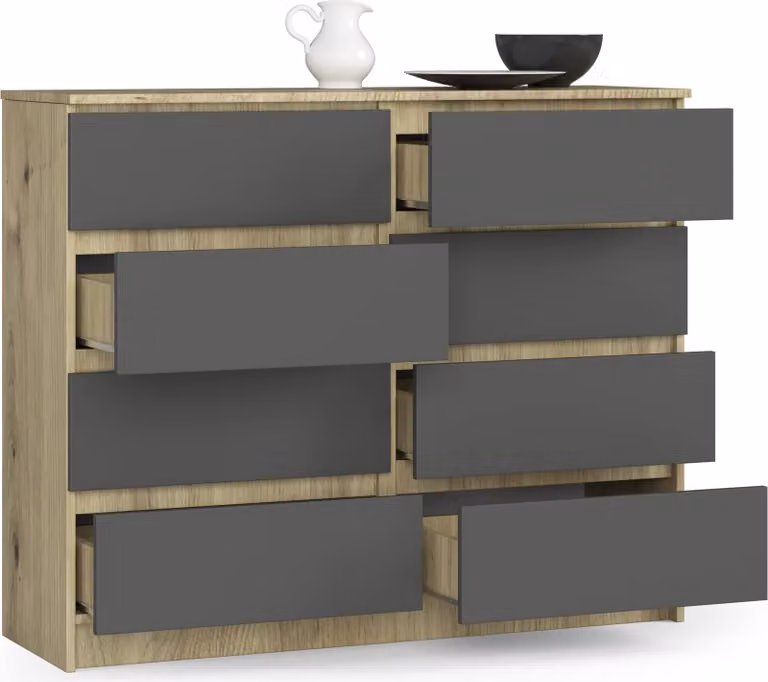 BDW, cassettiera con 8 cassetti, 120x99x40 cm, molto spazio, rovere Artisan - grigio