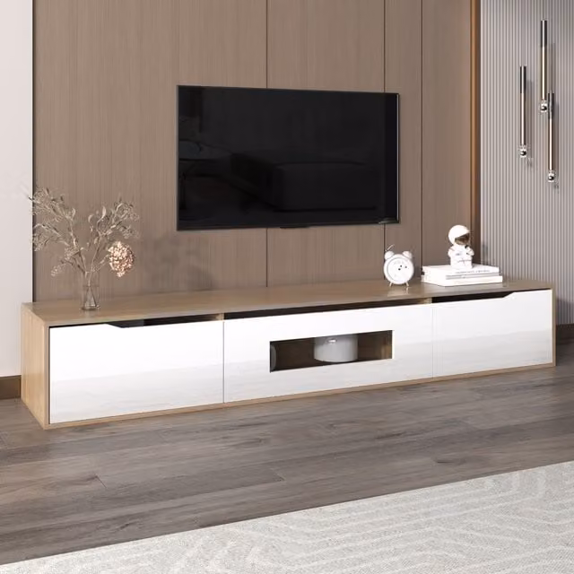 Mobile TV Moderno GL Store Bianco Lucido e Legno con Illuminazione LED Integrata L: 180 cm, P: 35 cm, H: 30 cm – 1