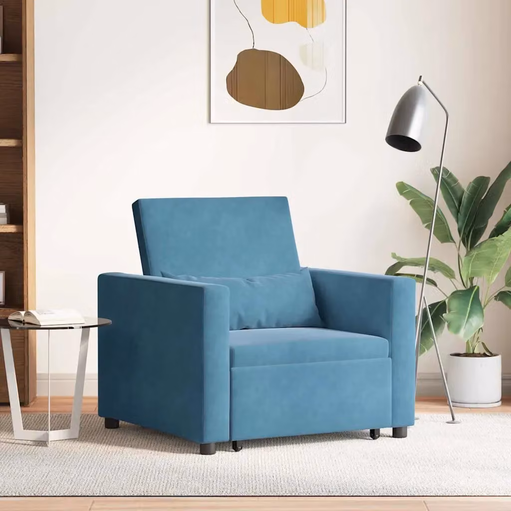vidaXL Divano letto singolo estraibile in velluto blu con struttura in metallo e braccioli