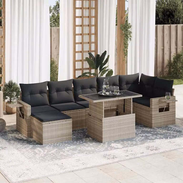 Set Divano da Giardino vidaXL 8pz in Polyrattan con Cuscini Grigio Chiaro
