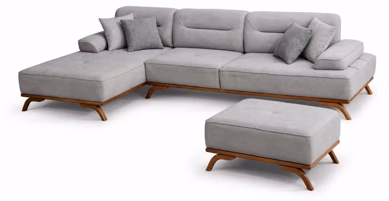Set di divani: divano ad angolo a forma di L, pouf, modulare, grigio, cuscini, moderno ed elegante
