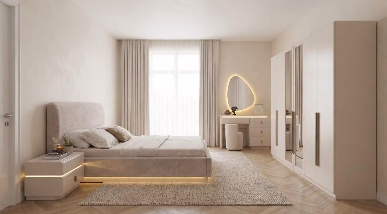 Set completo per camera da letto moderno ed elegante: letto beige, armadio, comodini e poggiapiedi