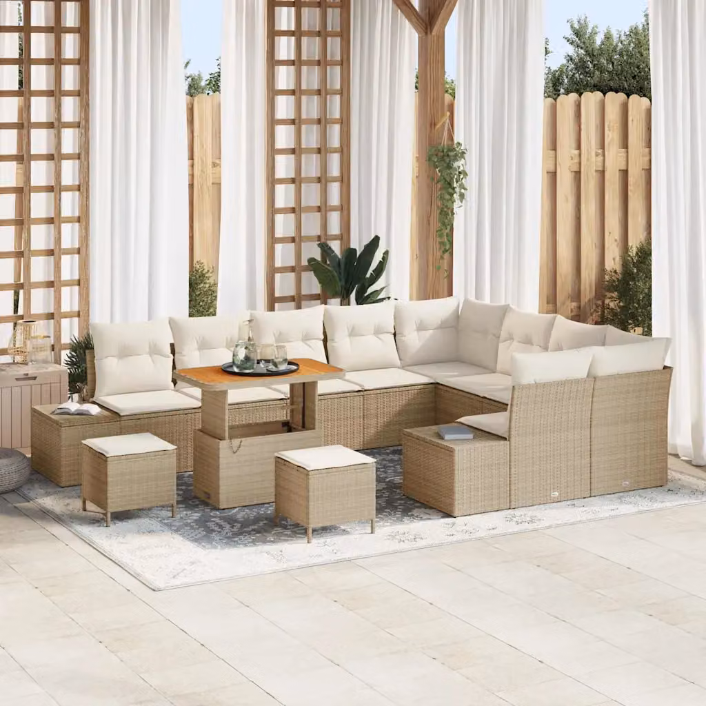 Set Divano da Giardino vidaXL 12 Pezzi in Polyrattan Beige con Cuscini e Tavolino da Esterno – 1