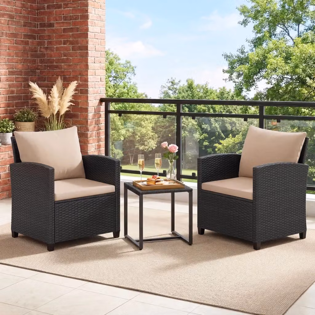 Set mobili da giardino Outsunny in rattan PE composto da 2 poltrone e 1 tavolino con vetro temperato, colore Nero e Ocra – 2
