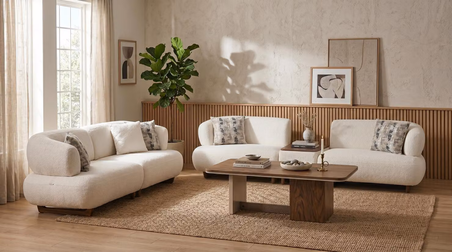 Set divano 4 posti e divano 3 posti con tavolino, tessuto beige bouclé. Divano imbottito, comodo