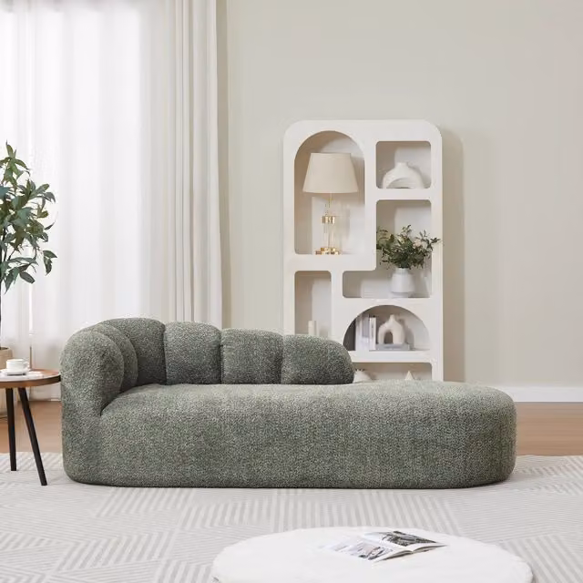Chaise longue curva WISHDOR in tessuto verde, design moderno senza braccioli e schienale ondulato, L: 100 cm, P: 35 cm, H: 35 cm