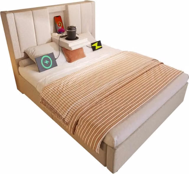 Letto singolo 90x200 cm con contenitore idraulico; USB-C e materasso; beige