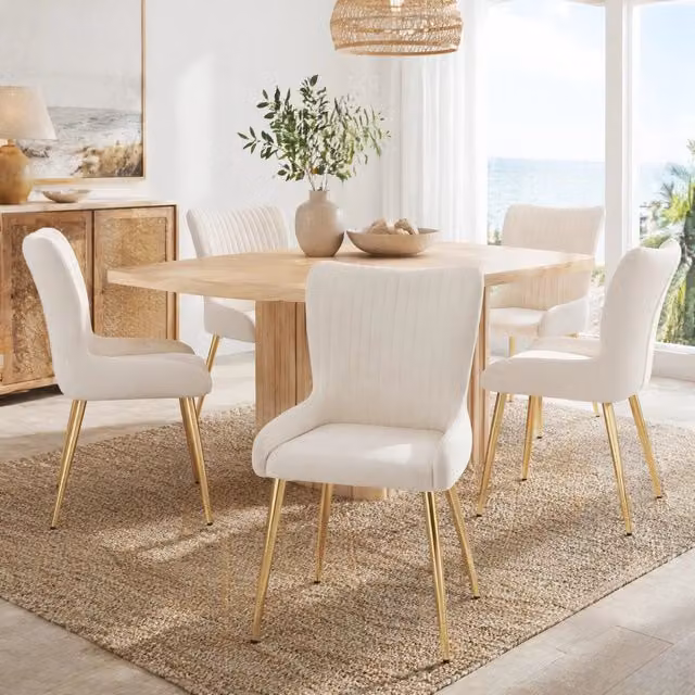 Set 2 sedie da pranzo ULEVR in velluto beige con gambe in metallo color oro, portata 150 kg per sedia