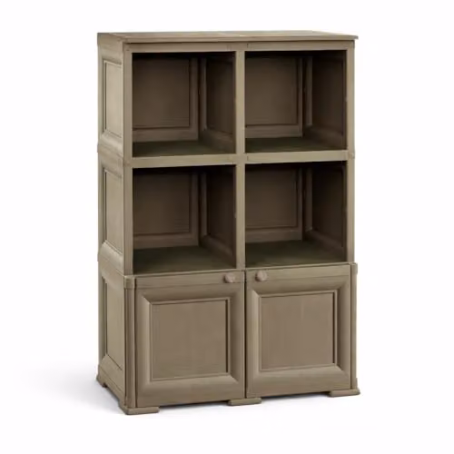 MA MAISON Armadio Contenitore in Plastica con Ripiani Aperti e Ante – Mobile Multiuso Effetto Legno per Organizzazione Casa 79x43x125 cm (Wengé)