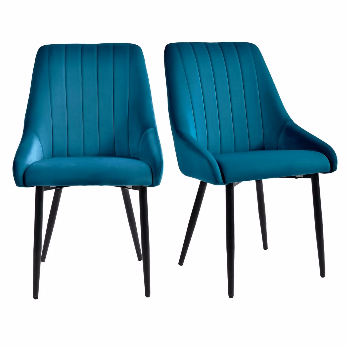 Set di 2 sedie da pranzo imbottite, stile retrò, con gambe in metallo, rivestite in tessuto velluto, colore: petrolio, materiale: velluto