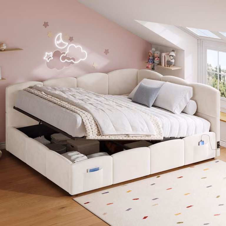 Letto imbottito idraulico Flieks 140x190 cm con contenitore, divano letto/divano-letto con porte USB e Type-C, letto matrimoniale con contenitore, velluto, beige