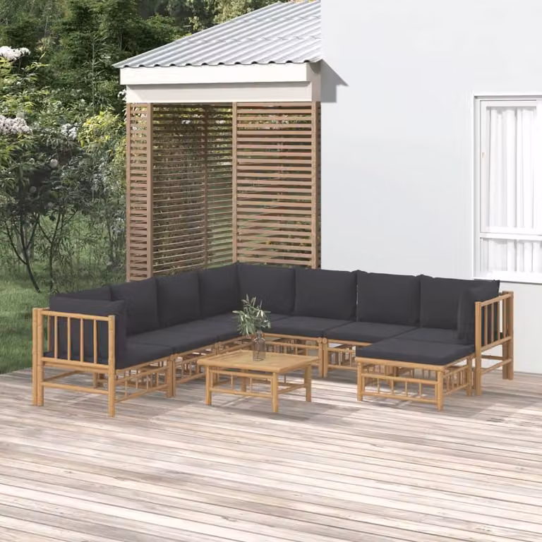Set Salotto da Giardino vidaXL 9 Pezzi in Bambù con Cuscini Grigio Scuro e Marrone